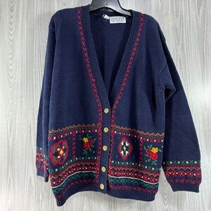 Jantzen Classics Cardigan Sweater Hand Embroidered Vintage Navy Floral Cabin L